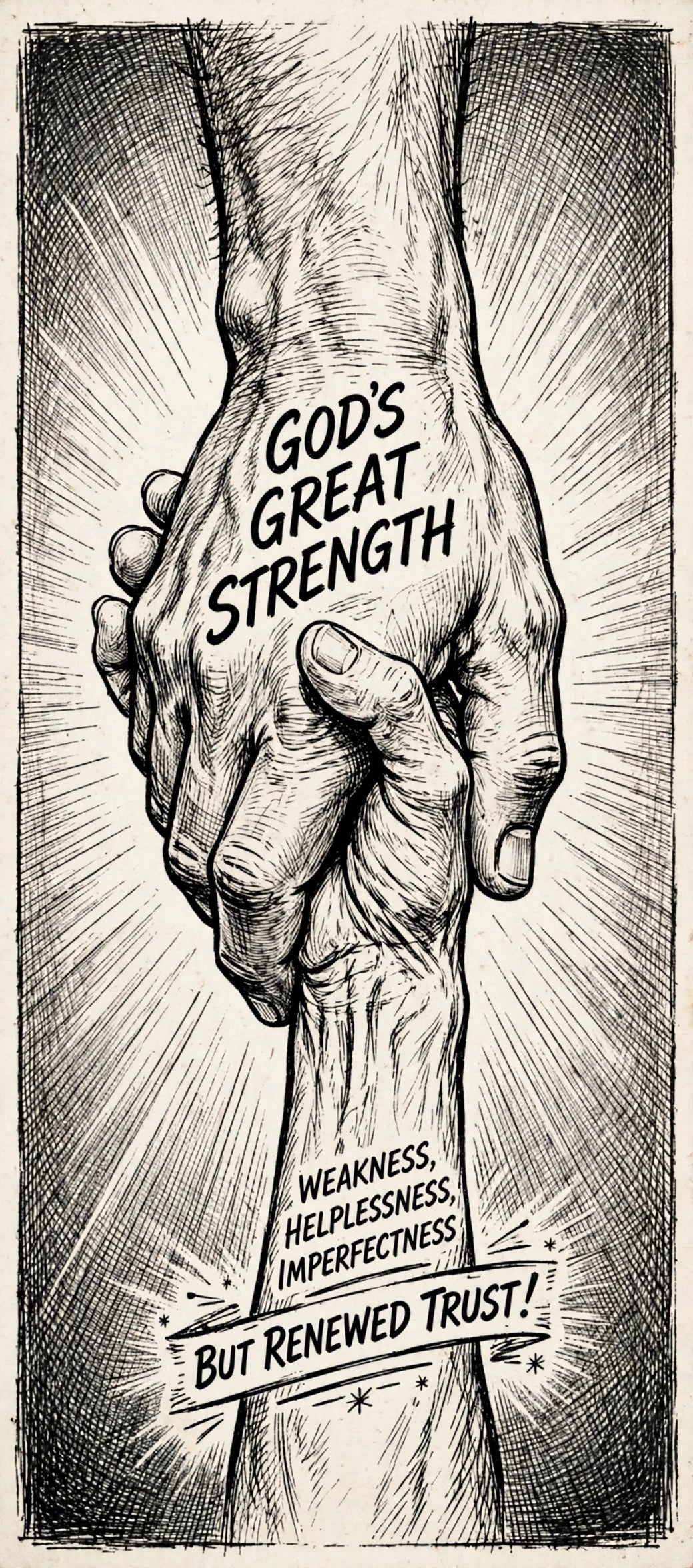 Illustration of God's strong hand holding a frail wrist — God's great strength, our renewed trust